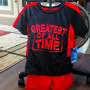 2 piece boys short set, size 5-6 red/black. Ikonik=forward +tek